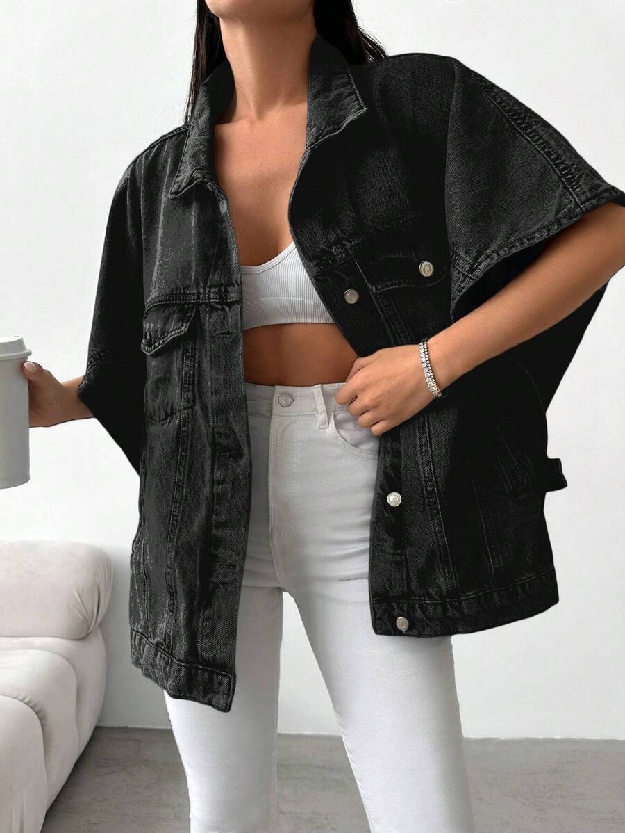 EURMUSE Loose Fit Casual Half Sleeve Denim Jacket - Black - View 1