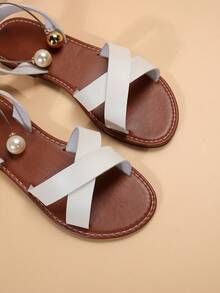 歐美風格女款大尺碼交叉串珠白色涼鞋夏季休閒時尚露趾沙灘鞋 - 白色 - 查看 5
