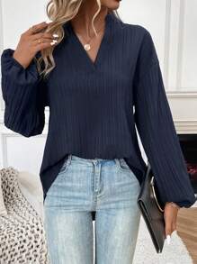 SHEIN Essnce Đường viền cổ có rãnh Tay áo lồng đèn Áo sơ mi - Màu xanh hải quân - Xem 5