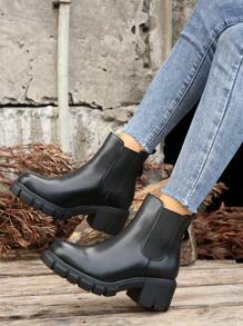 欧美时尚女士踝靴，新款秋冬靴，带毛皮衬里，粗跟，一脚蹬设计，透气 - 黑色 - 查看 7