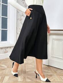 SHEIN Privé Women'S Solid Color High Waist Skirt - Black - View 5