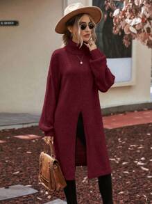 SHEIN Clasi 女士高領下垂肩毛衣 - 酒紅色 - 查看 1
