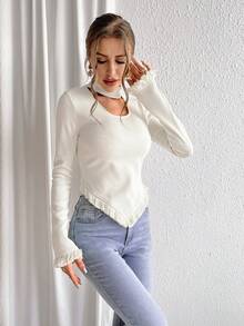 SHEIN Privé Choker Neck Tassel Trim Tee - Beige - View 6