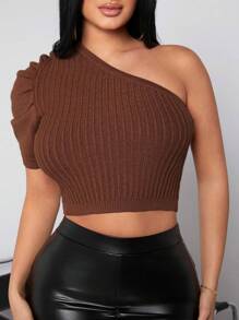 SHEIN SXY Gigot Sleeve One Shoulder Sexy Knitted Top For Women, Clubwear - Brown - View 1