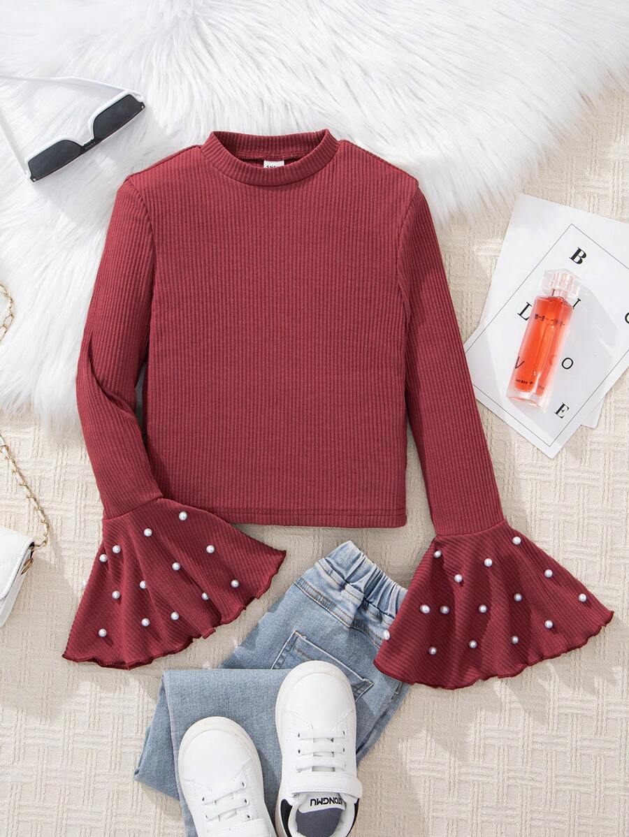 SHEIN Tween Girl Pearls Beaded Flare Sleeve Tee - Red - View 1