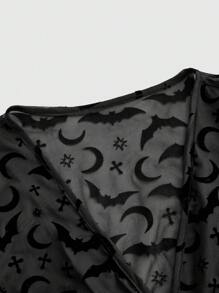 ROMWE Goth Women's Bat Sleeve Printed Mesh Top - Black - View 4