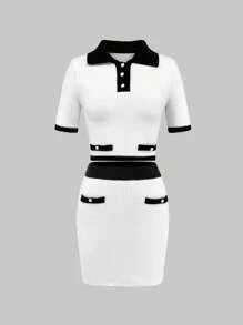 SHEIN Unity Của phụ nữ Collared Áo len Hai Bộ - Đen và trắng - Xem 1