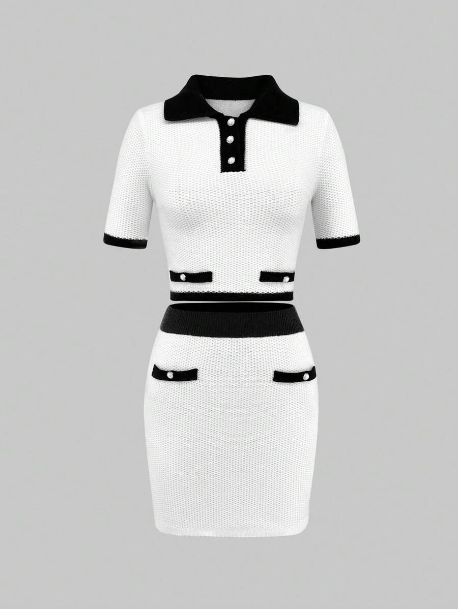 SHEIN Unity Của phụ nữ Collared Áo len Hai Bộ - Đen và trắng - Xem 1