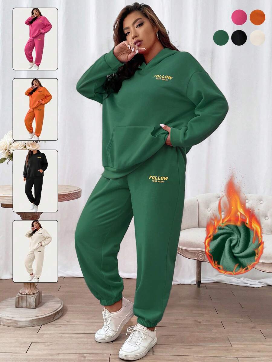 Flirla Plus Pouch Pocket Letter Graphic Hoodie & Sweatpants - Dark Green - View 1