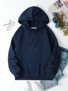 SHEIN EZwear Tiếng Anh In Đồ họa Hoodie - Màu xanh hải quân - Xem 2