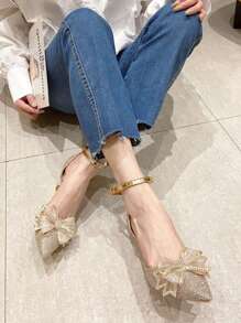 Zapatos de tacón alto elegantes dorados con moño para mujer, elegantes, para fiestas, bodas y atuendos - Dorado - Ver 9