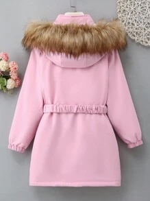 SHEIN Cô gái Tween Chi tiết Patched thư Trang trí Fuzzy áo có mũ Lót nhiệt Thắt lưng áo - Hồng - Xem 2
