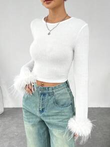 SHEIN EZwear Women's Feather Cuff Crop Top - White - View 4