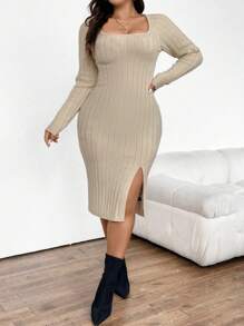 SHEIN Frenchy Kích thước lớn Cổ vuông Cái nĩa cao Áo len dệt kim Đầm - Màu be - Xem 3