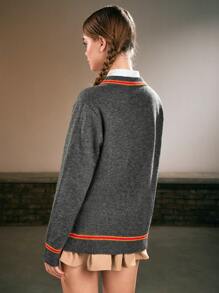 Harry Potter | ROMWE Stripe Trim Drop Shoulder Embroidered V Neck Sweater - Grey - View 2