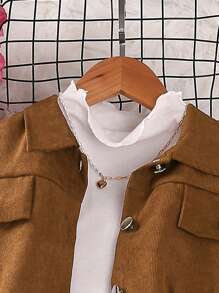 SHEIN Tween Girls' Faux Pocket Jacket And Pants Set - Camel - View 3