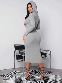SHEIN SXY 女士連帽性感貼身長袖拉鍊緊身洋裝 - 灰色 - 查看 1