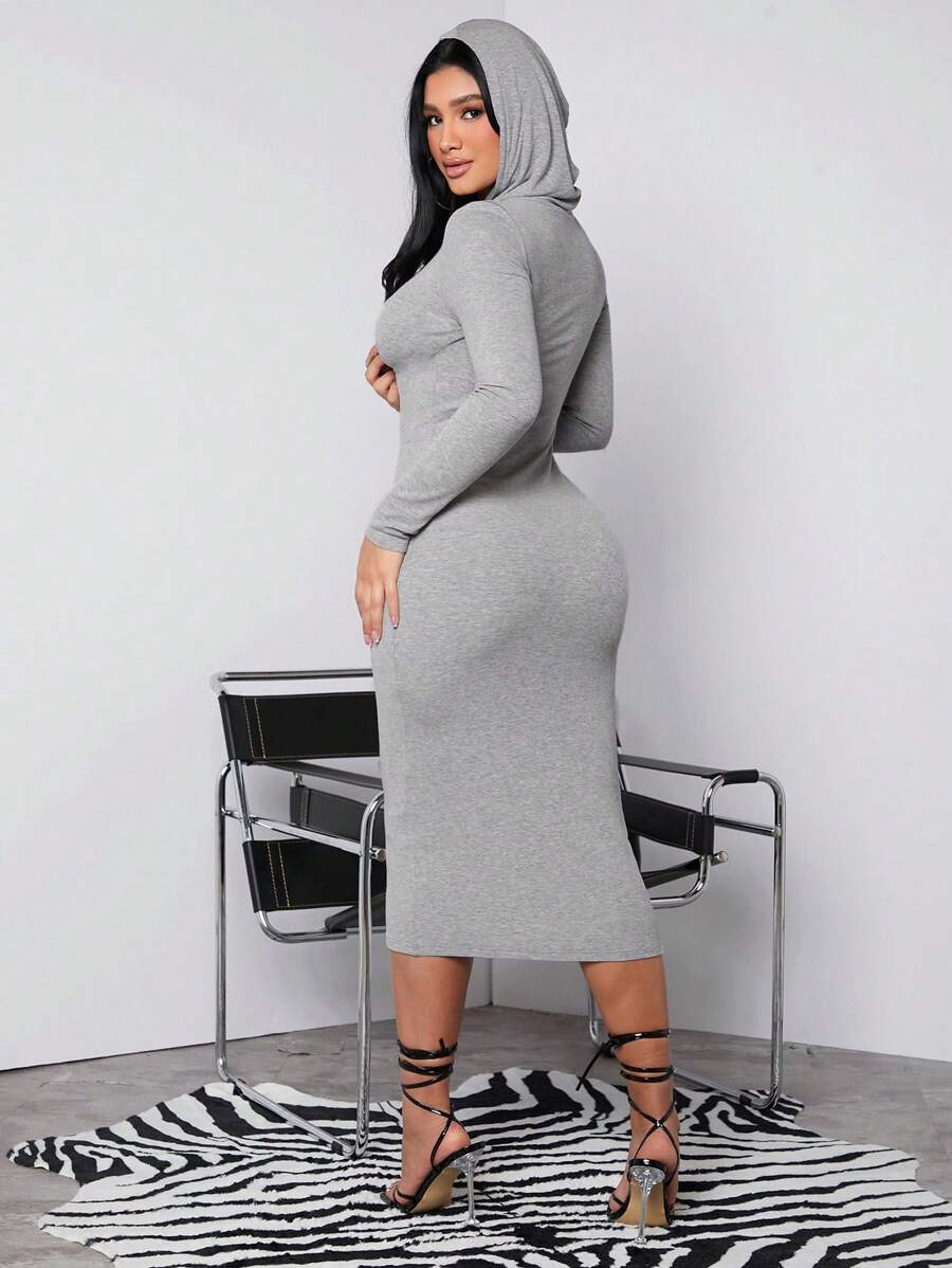 SHEIN SXY 女士連帽性感貼身長袖拉鍊緊身洋裝 - 灰色 - 查看 1