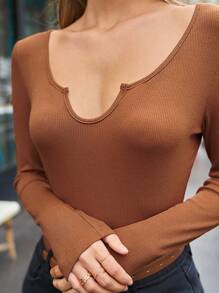 SHEIN Frenchy Màu thuần Tay áo dài Của phụ nữ Áo thun - Cà phê nâu - Xem 2