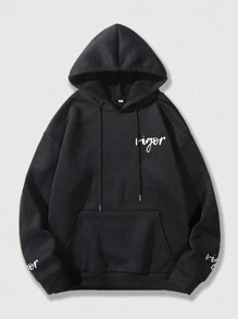 ROMWE MEN Street Life Men Letter & Skeleton Pattern Hooded Drawstring Pocket Drop Shoulder Sleeve Sweatshirt - Black - View 4