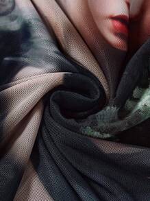 SHEIN MOD 花卉圖案&人像圖案木耳邊網紗洋裝 - 綠色 - 查看 4