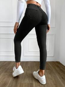 EURMUSE 98%Cotton Solid Color Skinny Jeans With Ripped Detail ,Petite Women - Hitam - View 3