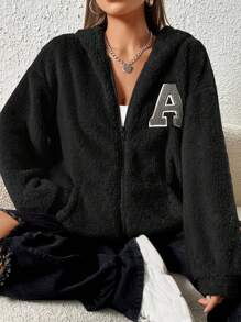SHEIN EZwear 带字母补丁的连帽羊毛衫，秋冬长袖上衣 - 黑色 - 查看 1