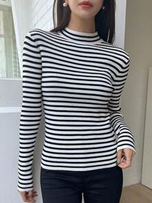 DAZY 女用條紋立領毛衣 - 黑與白 - 查看 5