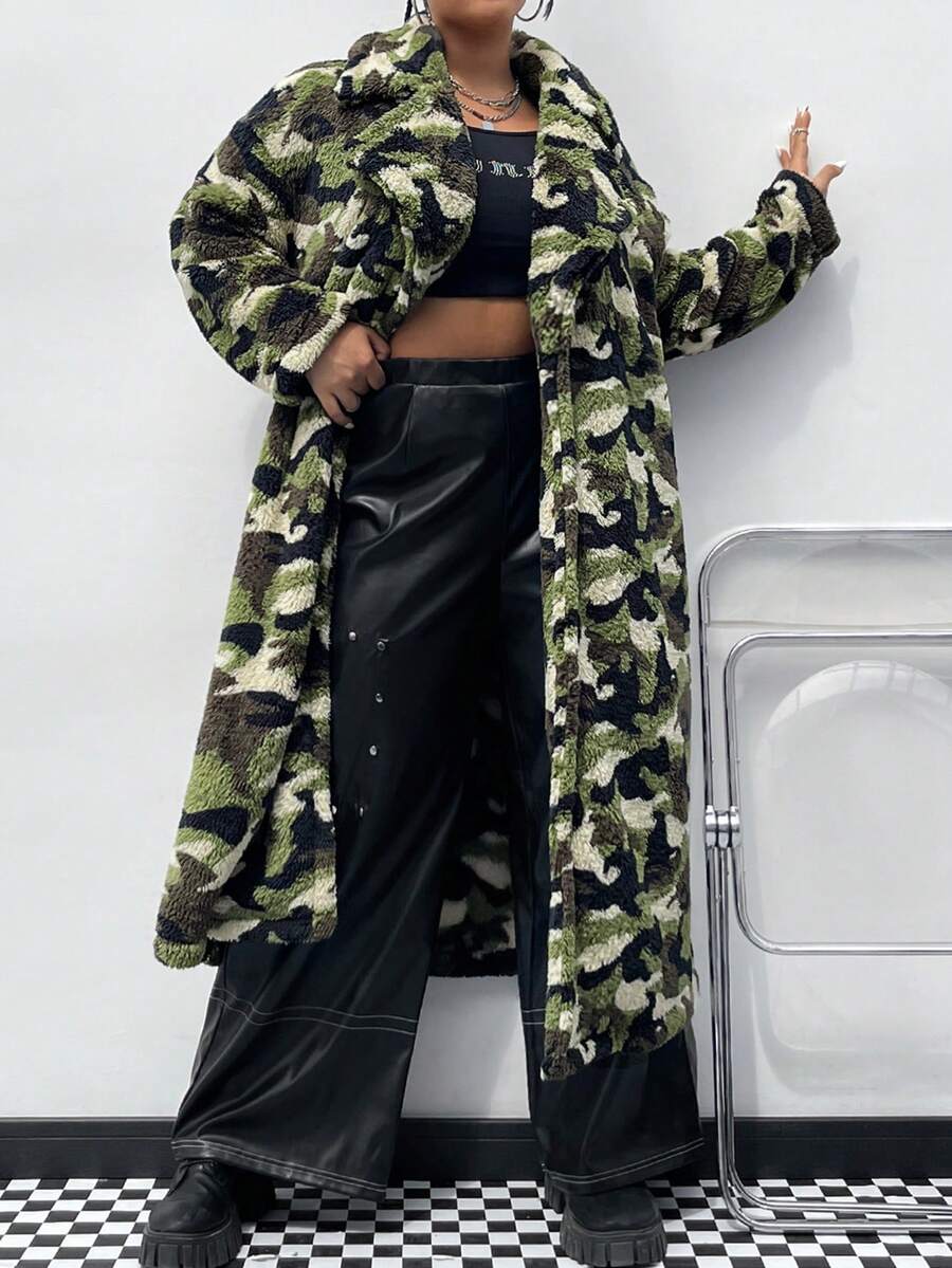 SHEIN Coolane Plus Size Camouflage Plush Long Coat - Army Green - View 1