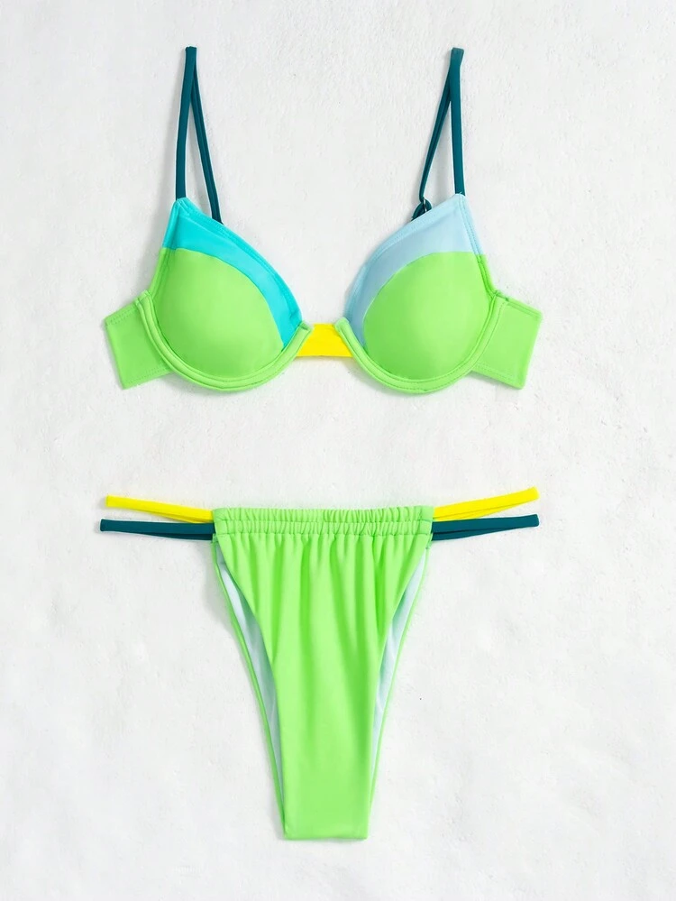 Women's Summer Beach Colorblock Neon Bikini Set Bathing Suit