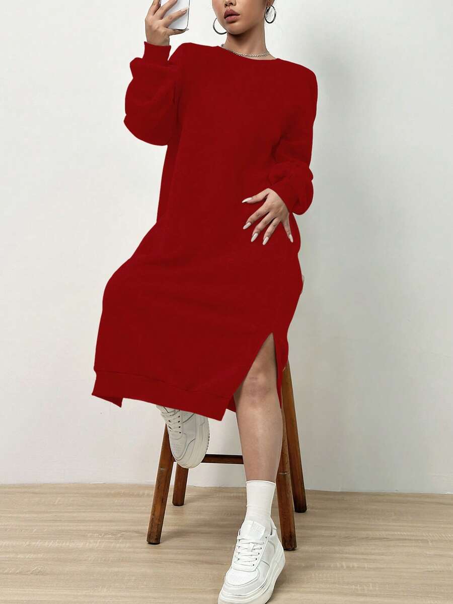 SHEIN Unity Women's Long Sweatshirt Dress With Split Hem - Red - View 1