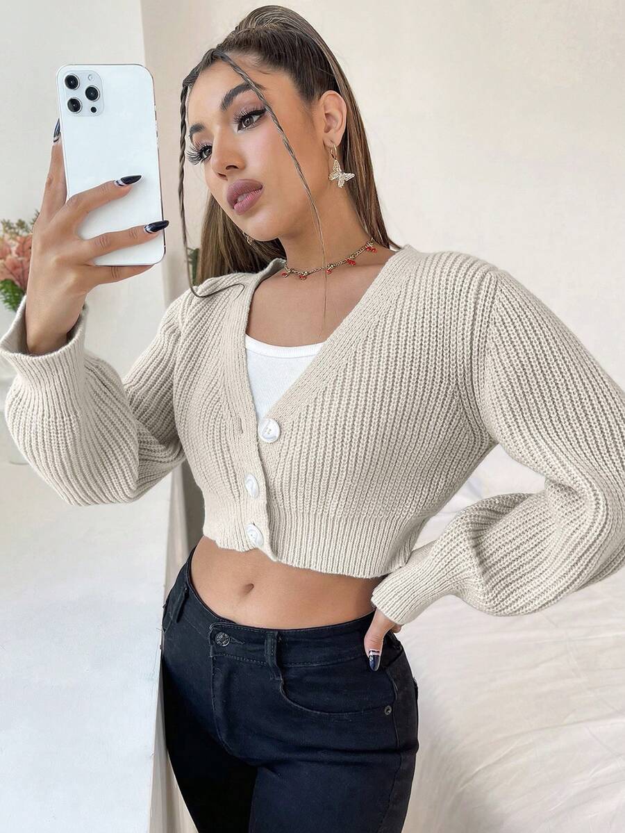 SHEIN Unity Nút phía trước Cắt sửa áo lông cừu - Xám - Xem 1