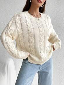 SHEIN Unity Màu thuần Thả vai Vòng cổ Xoắn Dan Áo len - trắng - Xem 3