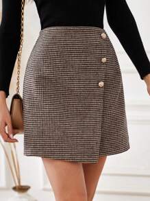 SHEIN BIZwear 格紋羈扣細節迷你裙 - 彩色 - 查看 4