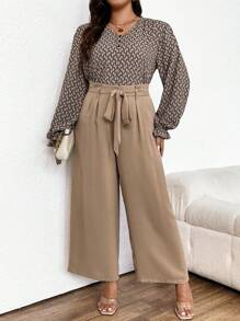 SHEIN Frenchy Plus Size Women's Printed Flared Sleeve Shirt And High Waisted Belted Wide Leg Pants Set - Apricot - View 4