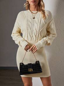 SHEIN Privé Màu thuần Xoắn Dan tay cánh Đầm Áo len - Màu be - Xem 5