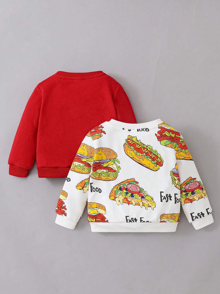 Boy's Baby Cartoon Burger Pattern Round Neck Regular Shoulder Sweatshirt Two-Piece Set