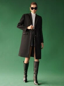 BizChic Lapel Neck Flap Detail Overcoat - Black - View 3