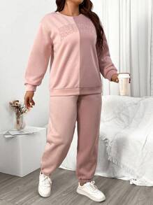 Flirla Women's Plus Size Letter Printed Fleece Sweatshirt And Sweatpants Two-piece Set - Pink - View 6