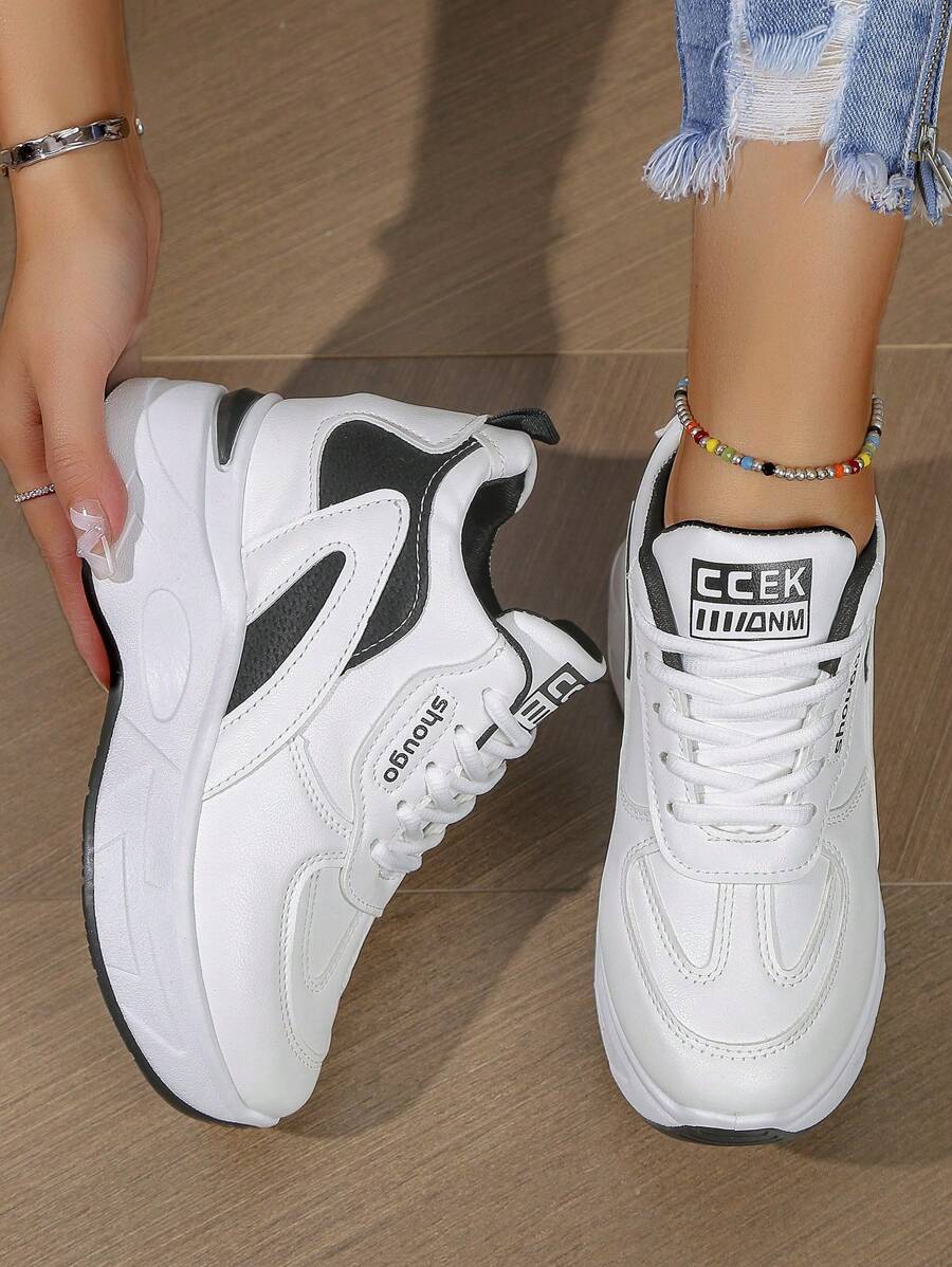 Ladies' White Platform Sneakers With Laces - White - View 1