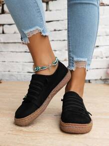Women's Retro Colorful Sewing Thread Mid-top Athletic Shoes With Round Toe, Spring/autumn Casual Flat Heel Holiday Style Black Flat Shoes
