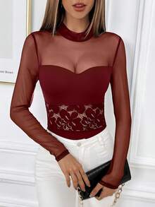 SHEIN Privé Contrast Mesh Mock Neck Bodysuit - Burgundy - View 6