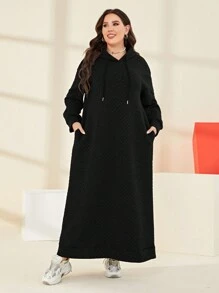 Mulvari Plus Size Women's Hooded Sweatshirt Dress With Drawstring - Black - View 1