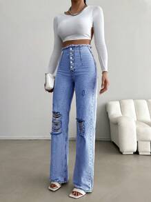 RueChic Jeans Mit Zerrissenem Und Knopfleiste - Babyblau - Übersicht 5