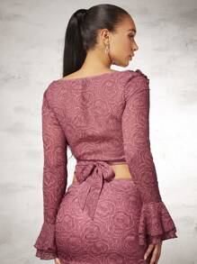 SHEIN BAE Women's Flower Jacquard Ruffle Hem Flare Sleeve Back Bow Tie Crop Top