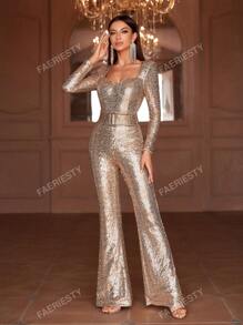 Faeriesty Sweetheart Neck Sequin Buckle Belted Jumpsuit, For Wedding Guest