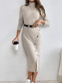 SHEIN Frenchy Turtleneck Hollow Out Ribbed Dress With Side Split - Apricot - View 3