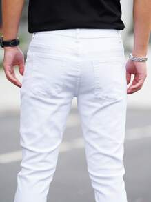 Manfinity Homme Men's Street Style White Denim Jeans Slim Fit Long Washed Light Jean Cargo Plain All Work Business Casual Husband - White - View 6