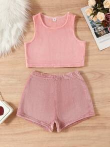 SHEIN Tween-Mädchen Rosa, flammhemmendes, zweiteiliges Homewear Set aus Plüsch im weichen und sauberen Stil