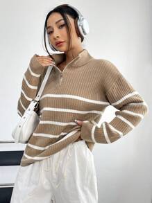 SHEIN EZwear 女款半拉鍊小高領條紋毛衣 - 卡其色 - 查看 6